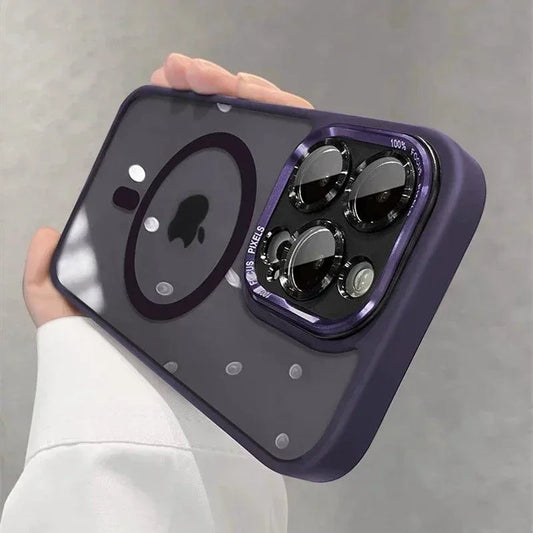 Luxury magnetic metal lens bumper protection case for iPhone models, clear hard cover with wireless charging compatibility.
