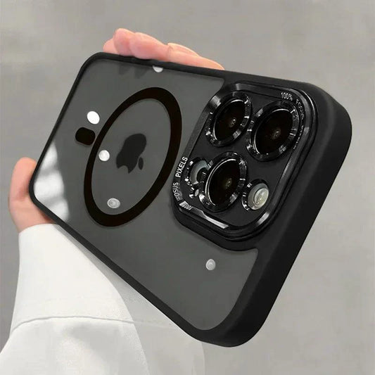 Luxury magnetic metal lens bumper case for iPhone 11 to 16 Pro Max, clear hard cover with wireless charging compatibility.