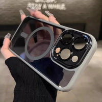 Luxury magnetic metal lens bumper protection case for iPhone 16 to 11 Pro Max, clear hard cover with wireless charging compatibility.