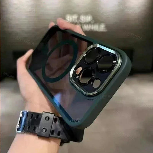 Luxury magnetic metal lens bumper protection case for iPhone 11 to 16 Pro Max, clear hard cover with wireless charge compatibility.