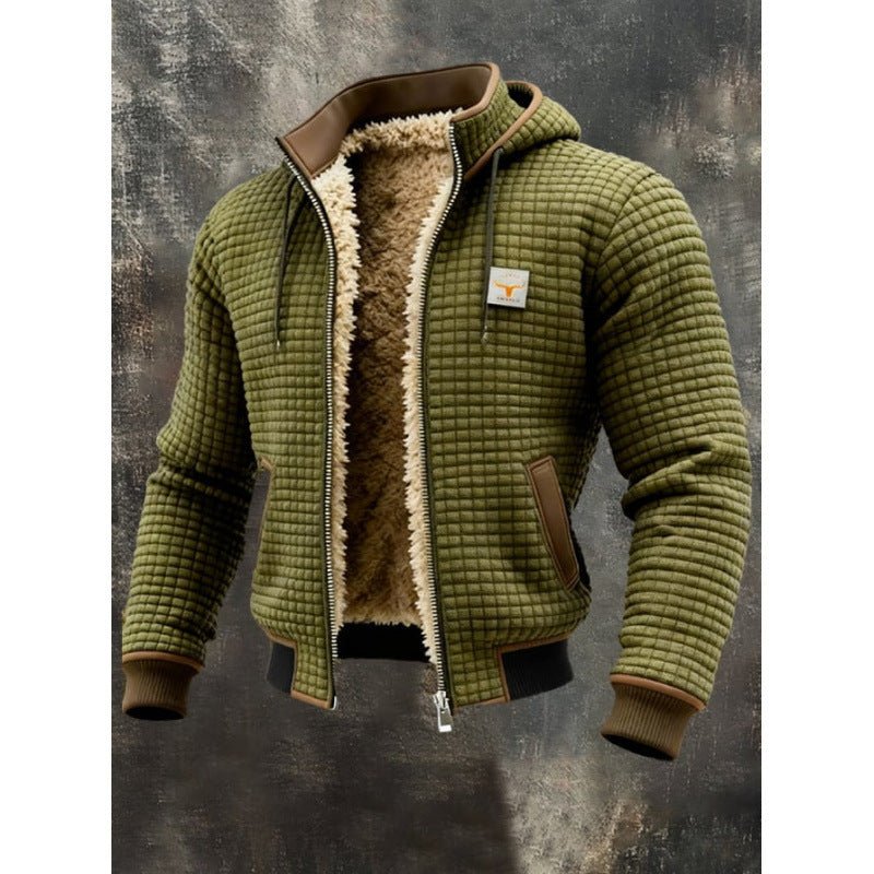 Men's plaid hoodie jacket by Ancient Energy featuring a stylish, flattering design with a comfortable fit and classic plaid pattern.