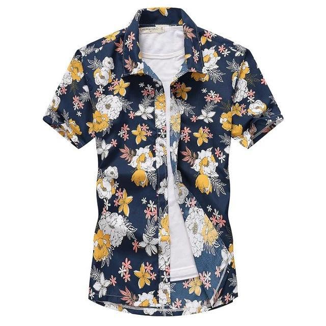 Short-sleeved Aloha shirt by Ancient Energy featuring vibrant floral patterns, casual men's fashion chemise blouse.