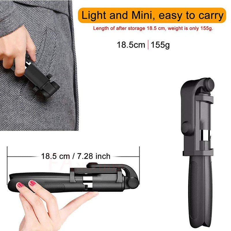 Ancient Energy Apple-compatible tripod selfie stick with Bluetooth remote for smartphones, adjustable design for photos and videos.