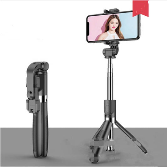 Ancient Energy Apple-compatible tripod selfie stick with Bluetooth remote for smartphones, adjustable with handle and remote control.