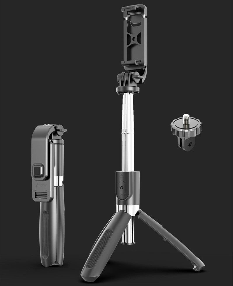 Ancient Energy Apple-compatible tripod selfie stick with Bluetooth remote, adjustable for smartphones, black color, in use.