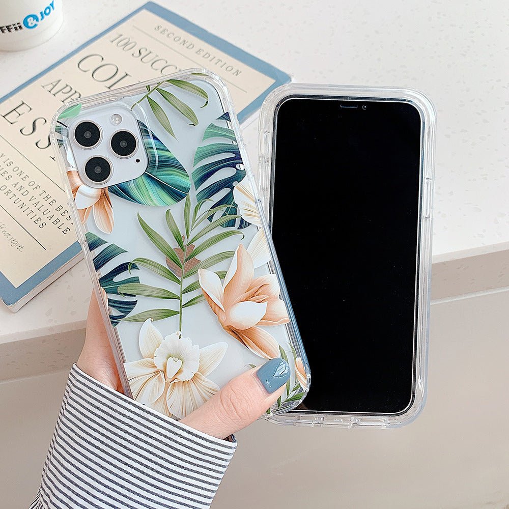 Watercolor banana leaf and flower design on mobile phone case by Ancient Energy, featuring vibrant botanical artwork for phone protection.