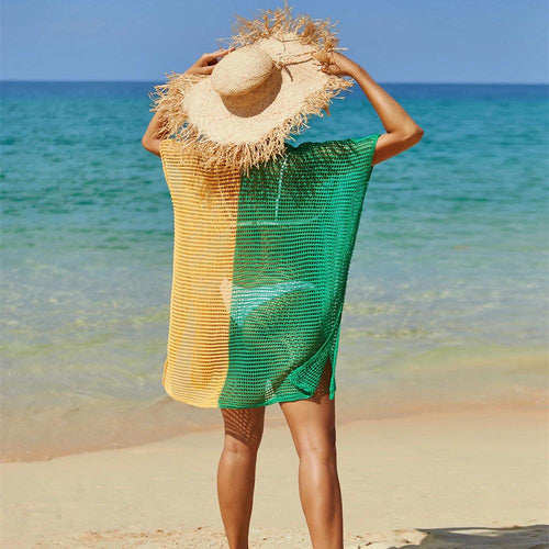 Ancient Energy beach cover-up top with hollow-out knit design, perfect over bikini or swimwear for beach or poolside.