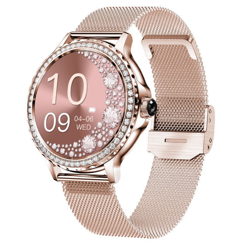 Ancient Energy Bluetooth calling smart fitness bracelet with waterproof design and diamond accents, displaying digital time and health data.