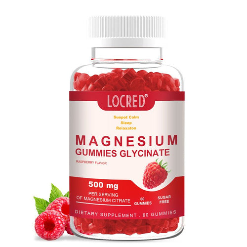 Ancient Energy Bottled Magnesium Gummies health supplement in clear bottle, showing colorful gummy tablets inside.
