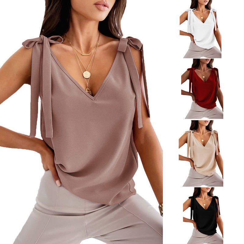 Ancient Energy women's sleeveless camisole with bowknot tie-up design, V-neck, summer tank top, lightweight and stylish.