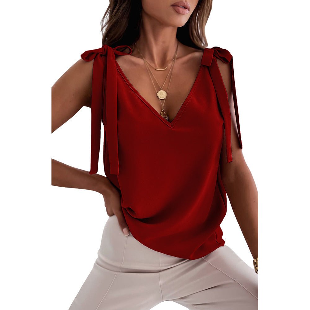 Ancient Energy women's sleeveless camisole tank top with bowknot tie-up design and V-neck, perfect for summer casual wear.
