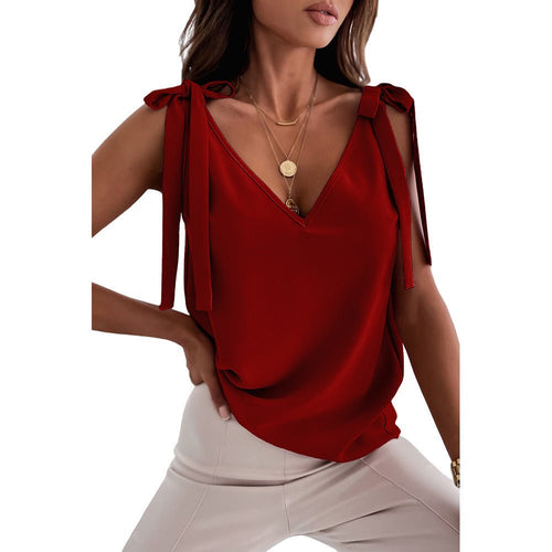 Ancient Energy women's sleeveless camisole tank top with bowknot tie-up design and V-neck, perfect for summer casual wear.