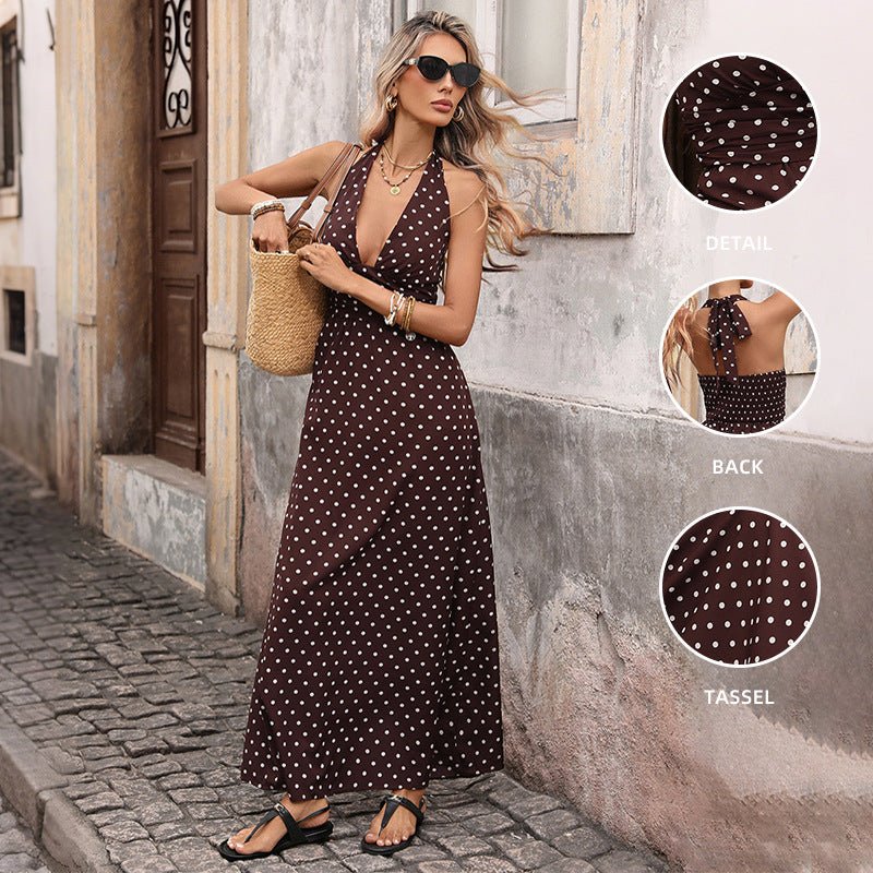 Ancient Energy casual dot slim V-neck long dress for women, summer A-line vintage midi dress with a relaxed fit and elegant style.
