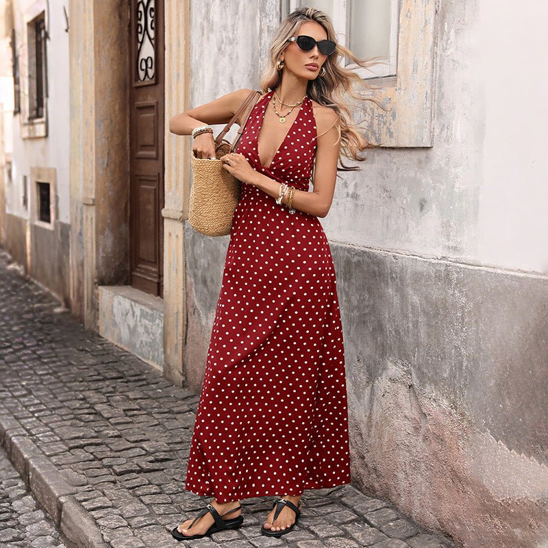 Ancient Energy casual dot slim V-neck long dress for women, summer A-line midi dress with vintage style and elegant design.