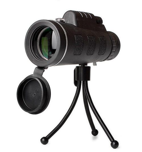 Ancient Energy compatible monocular telescope with zoom, built-in compass, phone clip, and tripod for outdoor viewing activities.