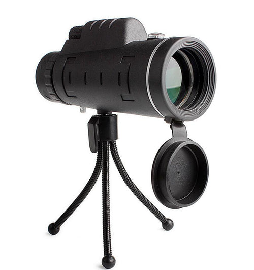 Ancient Energy compatible monocular telescope with zoom, compass, phone clip, and tripod for outdoor and wildlife viewing.