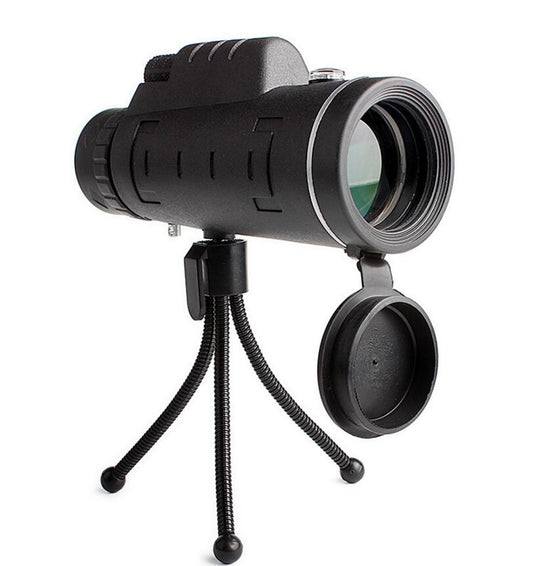 Ancient Energy compatible monocular telescope with zoom, compass, phone clip, and tripod for outdoor and wildlife viewing.