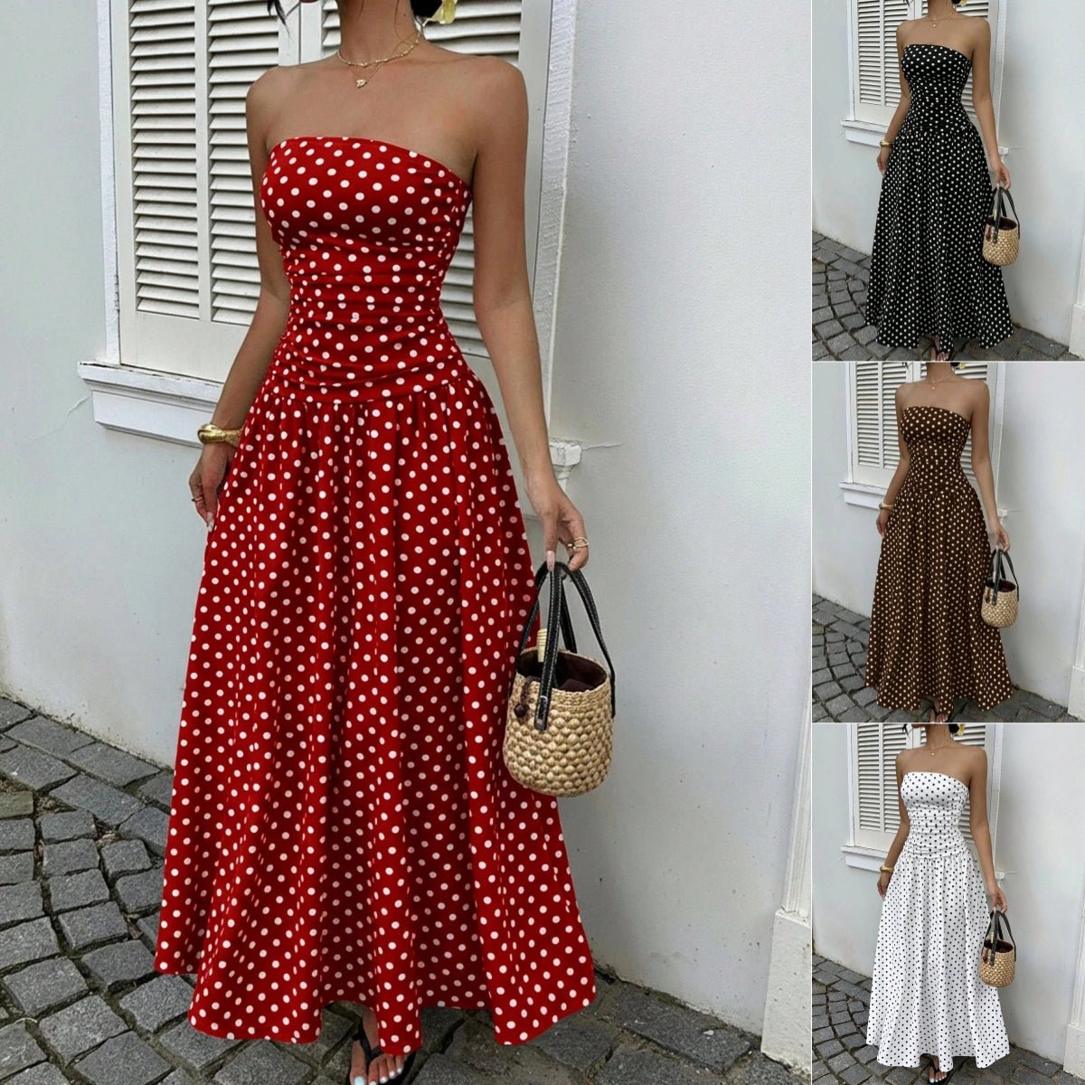 Elegant polka-dot off-shoulder dress by Ancient Energy featuring a strapless, high-waist design for party, beach, or holiday wear.