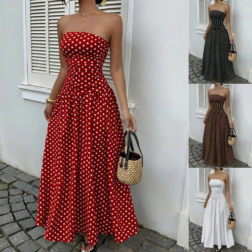 Elegant polka-dot off-shoulder dress by Ancient Energy featuring a strapless, high-waist design for party, beach, or holiday wear.