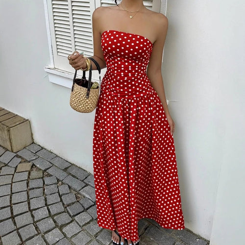 Ancient Energy elegant polka-dot off-shoulder dress for women, high-waist strapless robe perfect for parties, beach, or holiday wear.