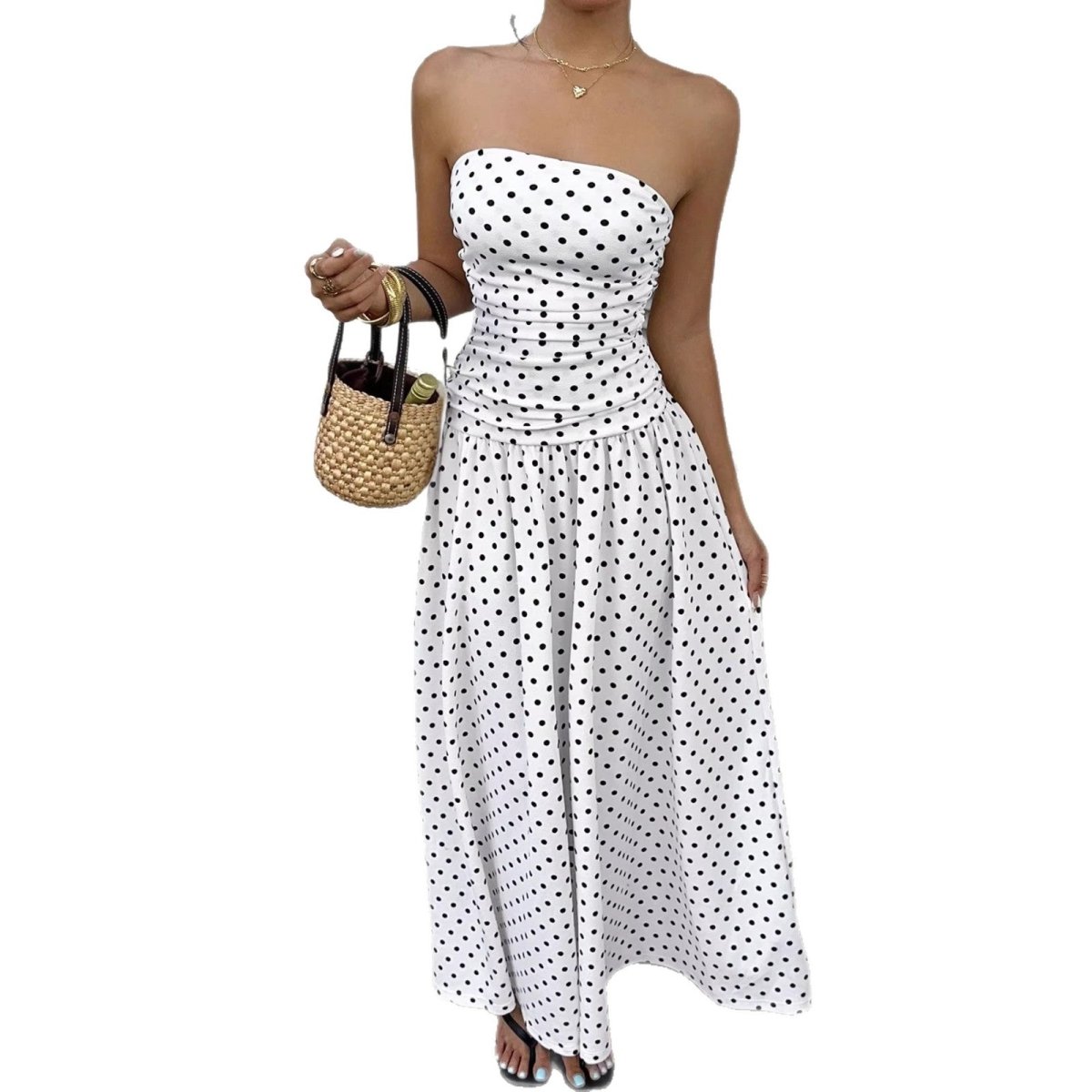 Elegant polka-dot off-shoulder dress by Ancient Energy featuring a strapless, high waist design for parties, beach, or holidays.