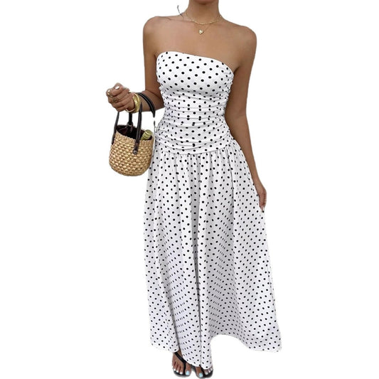 Elegant polka-dot off-shoulder dress by Ancient Energy featuring a strapless, high waist design for parties, beach, or holidays.
