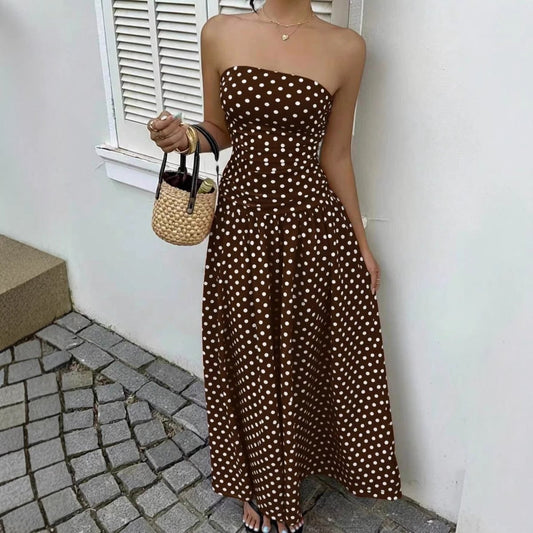 Elegant polka-dot off-shoulder dress by Ancient Energy featuring a strapless, high-waist design for party, beach, or holiday wear.