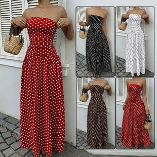 Elegant polka-dot off-shoulder dress by Ancient Energy featuring a high waist, strapless design, perfect for parties and beach holidays.