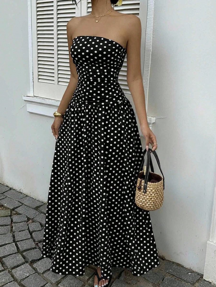Elegant polka-dot off-shoulder dress by Ancient Energy featuring a strapless, high-waist design for party, beach, or holiday wear.