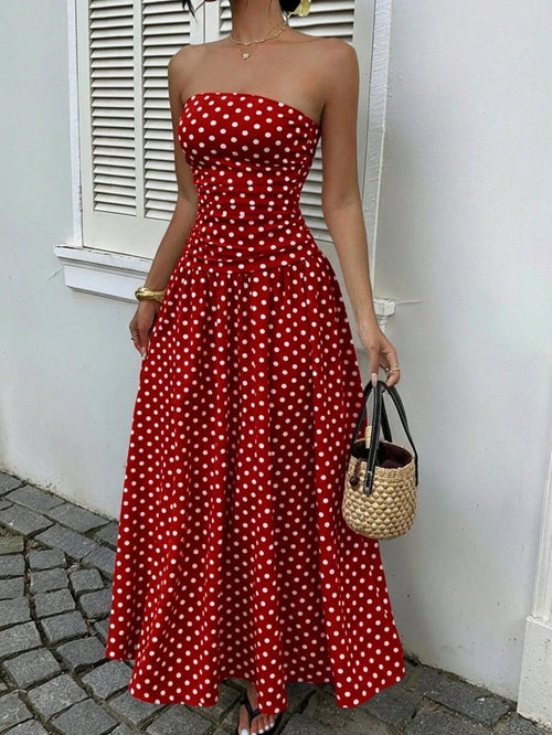 Elegant polka-dot off-shoulder dress by Ancient Energy, featuring a high-waist, strapless design for parties, beach, or holidays.
