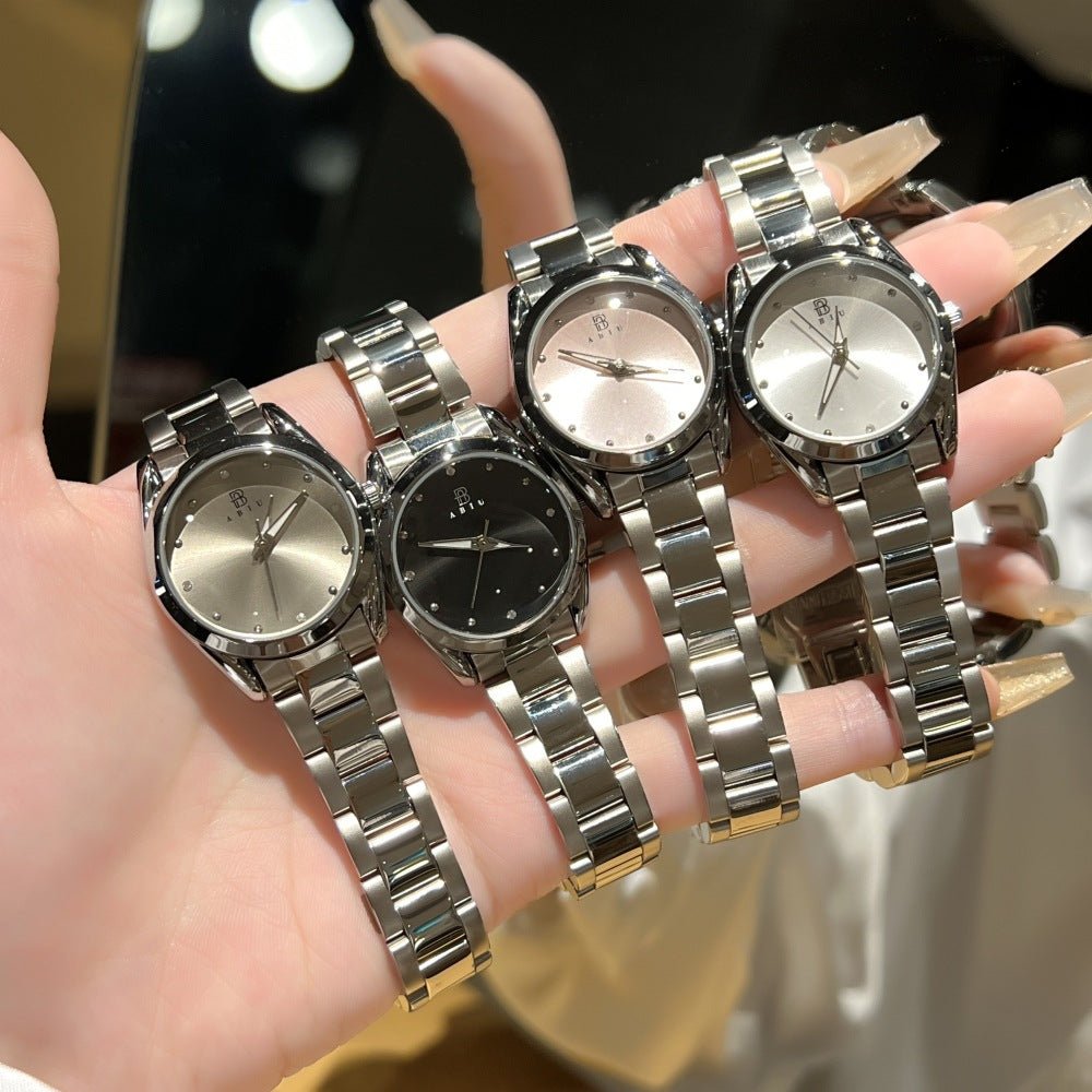 Elegant ladies' steel-band wristwatch by Ancient Energy featuring a sleek design and a polished stainless steel strap.