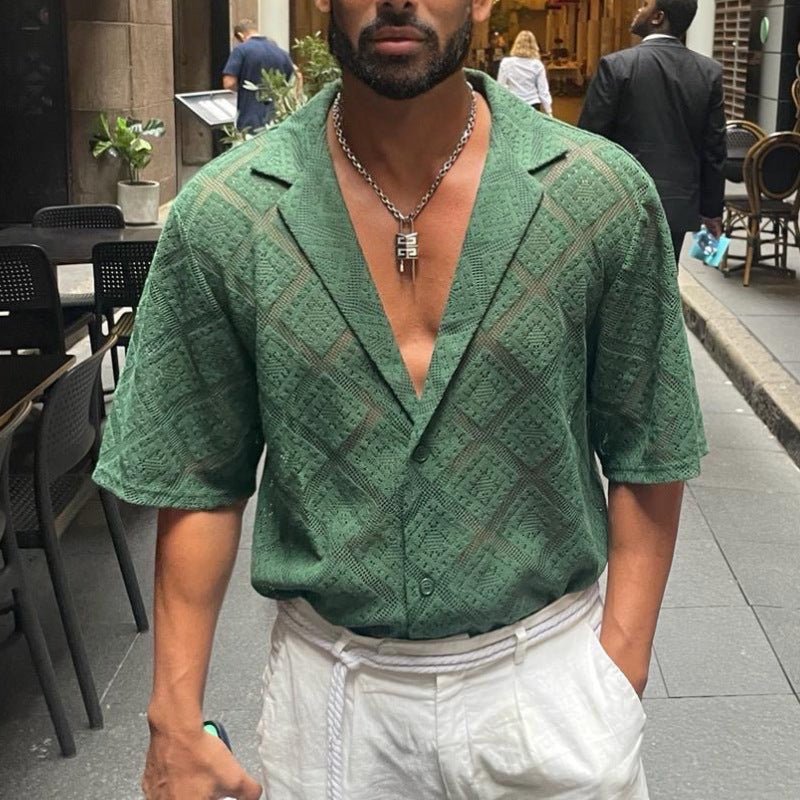 Ancient Energy men's casual short-sleeved shirt with hollow-out breathable fabric and lapel collar, perfect for summer wear.