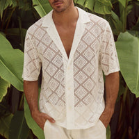 Ancient Energy men's breathable short-sleeved casual shirt with hollow-out design and lapel collar, suitable for summer wear.