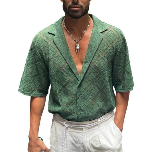 Ancient Energy men's short-sleeve casual shirt with hollow-out breathable design and lapel collar, ideal for stylish summer wear.
