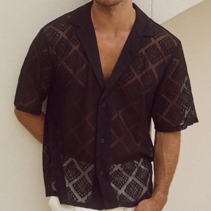 Ancient Energy men's casual short-sleeved shirt with a hollow-out breathable design and lapel collar, suitable for summer wear.