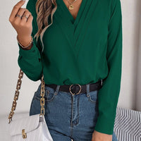 Ancient Energy women's V-neck long sleeve solid blouse, elegant office blouse for commuting and professional wear.