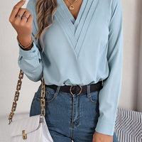 Ancient Energy women's V-neck long sleeve blouse, elegant solid shirt suitable for office and commuting, classic and stylish.