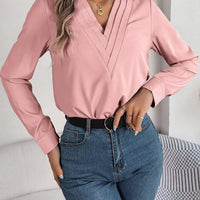 Ancient Energy women's V-neck long sleeve blouse in solid fabric, ideal for office and casual wear.