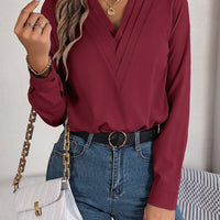 Ancient Energy women's V-neck long sleeve blouse in solid fabric, suitable for office and casual wear, elegant commuter style.