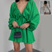 Elegant V-neck lantern sleeve dress for women by Ancient Energy, featuring a stylish fit and flowing fabric.