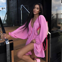 Elegant V-neck lantern sleeve dress for women by Ancient Energy, featuring a stylish and flowy design perfect for casual or dressy occasions.