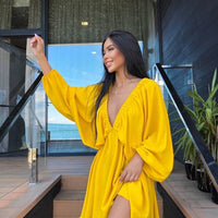 Elegant V-neck lantern sleeve dress for women by Ancient Energy, featuring a stylish and flowing design.
