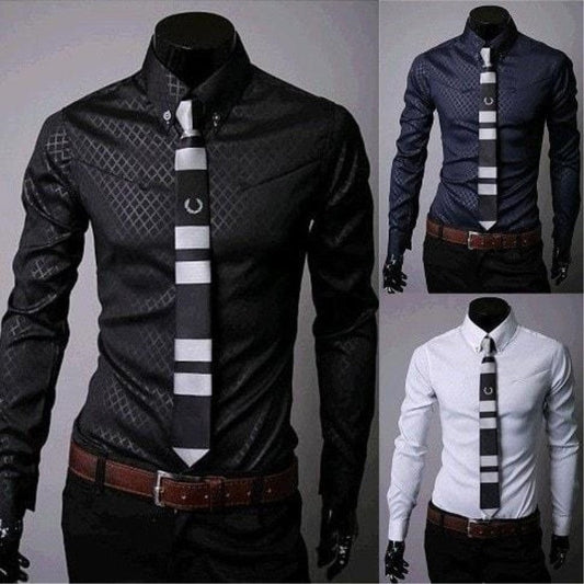 Men's fitted shirt by Ancient Energy featuring a classic plaid and stripes pattern, shown in a stylish design.
