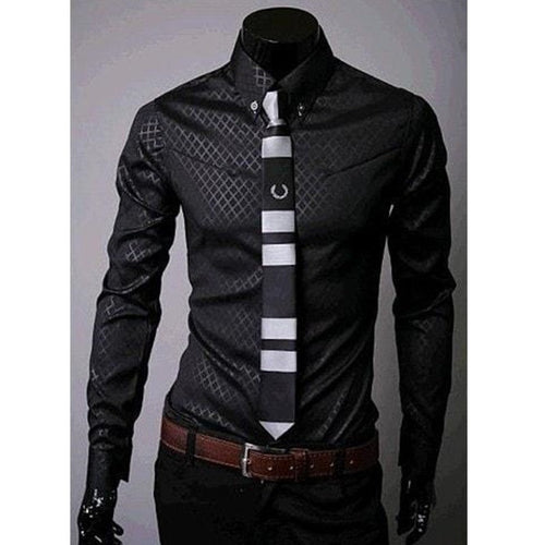 Men's fitted shirt by Ancient Energy featuring a designer plaid and stripe pattern, showcased on a model.