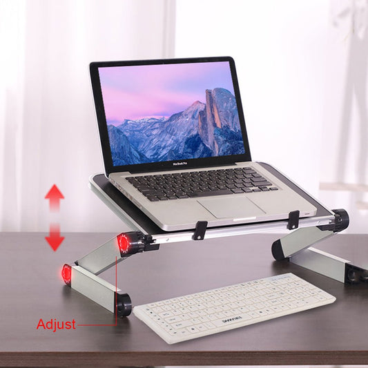 Ancient Energy foldable ergonomic laptop stand and tablet holder on a desk, adjustable and portable for ergonomic workspace setup.
