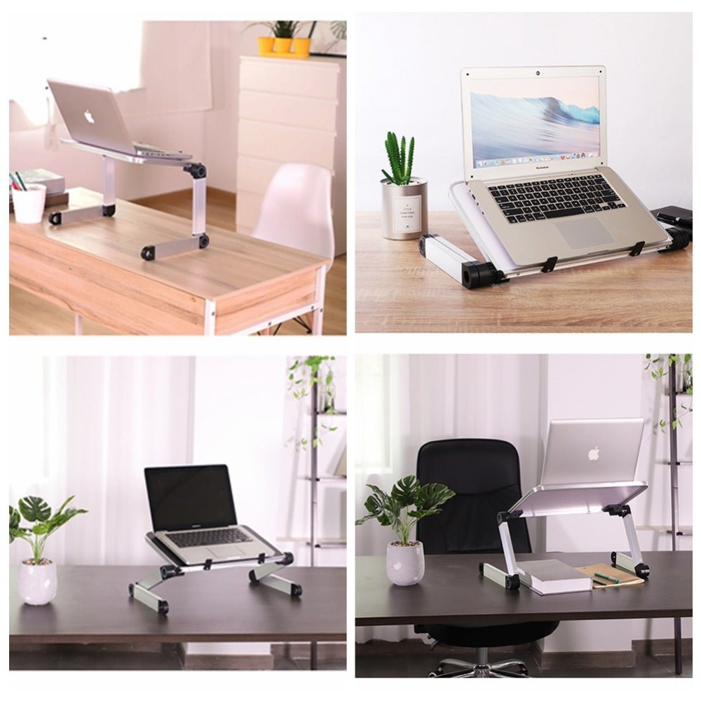 Foldable Ancient Energy ergonomic laptop stand and tablet holder on a desk, adjustable and portable for improved workspace comfort.