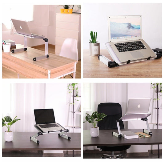 Foldable Ancient Energy ergonomic laptop stand and tablet holder on a desk, adjustable and portable for improved workspace comfort.