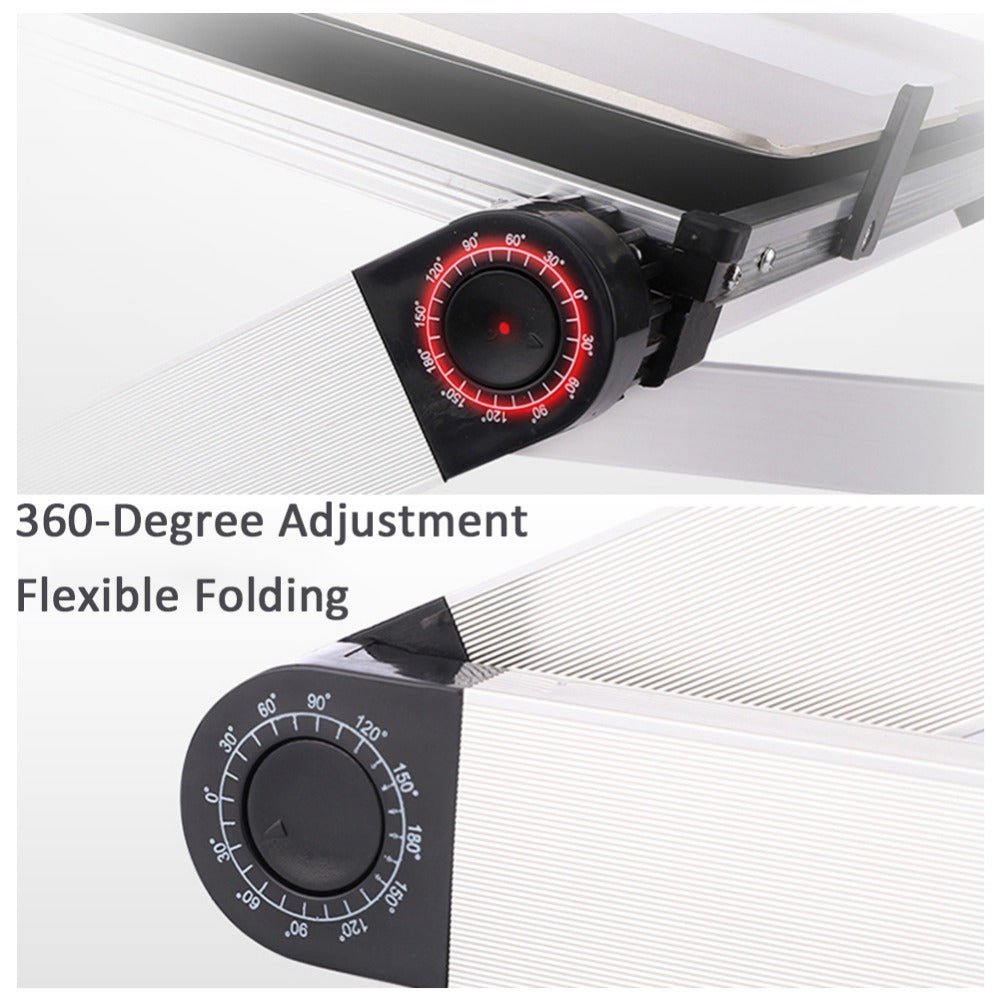 Ancient Energy foldable ergonomic laptop stand and tablet holder on a desk, adjustable for comfortable viewing.