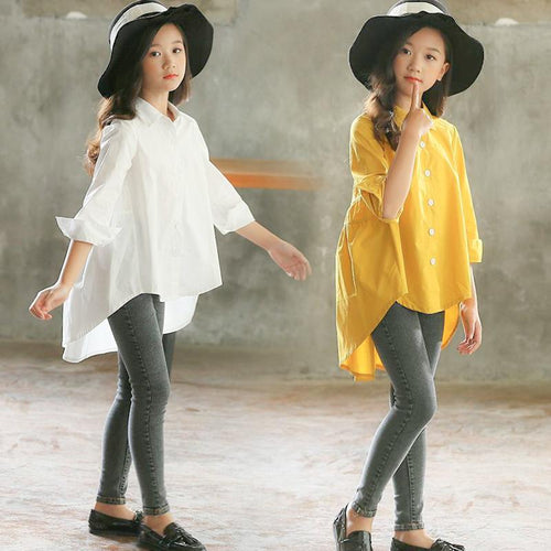 Girls' big kids loose Korean style tops with swallowtail design, by Ancient Energy, featuring fashionable and comfortable shirt style.