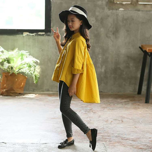 Girls' big kids loose Korean style fashionable tops with swallowtail design by Ancient Energy, featuring casual and trendy shirt details.